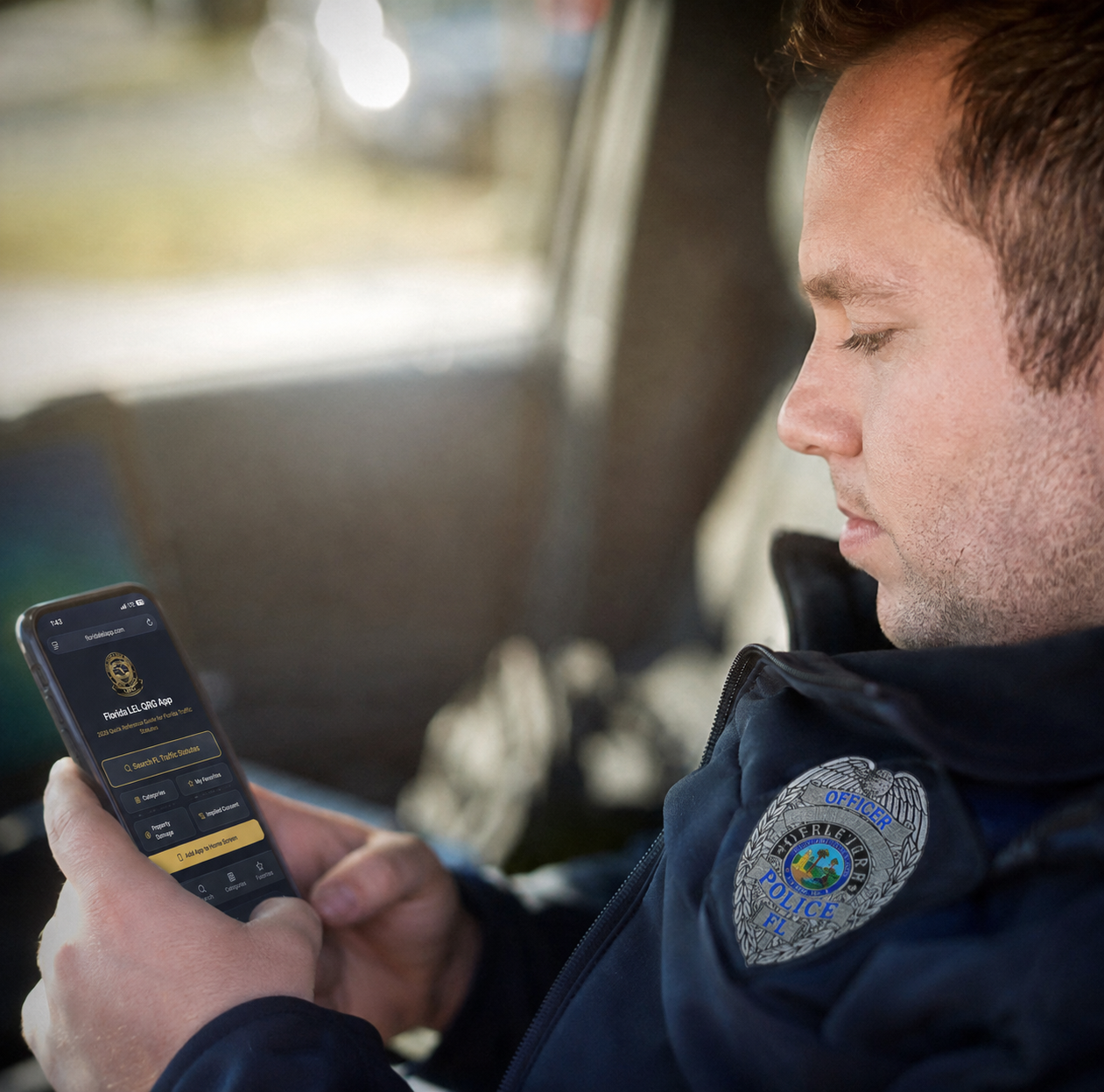 Florida law enforcement officer looking up a traffic statute on the Florida QRG mobile app