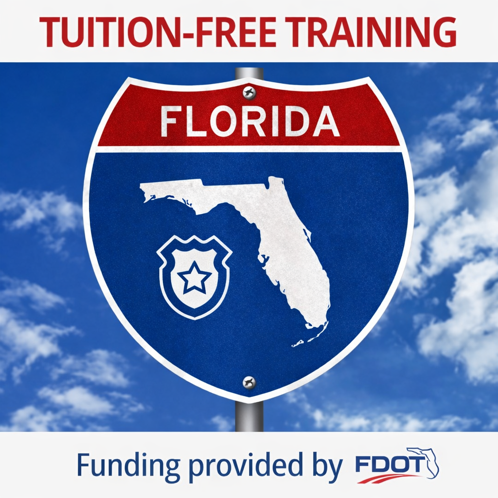 Tuition-Free Training — Florida interstate shield sign against a blue sky, with funding provided by FDOT