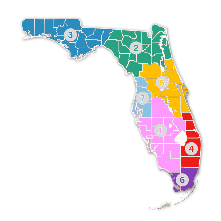 Map of Florida divided into numbered FDOT Districts with distinct colors.