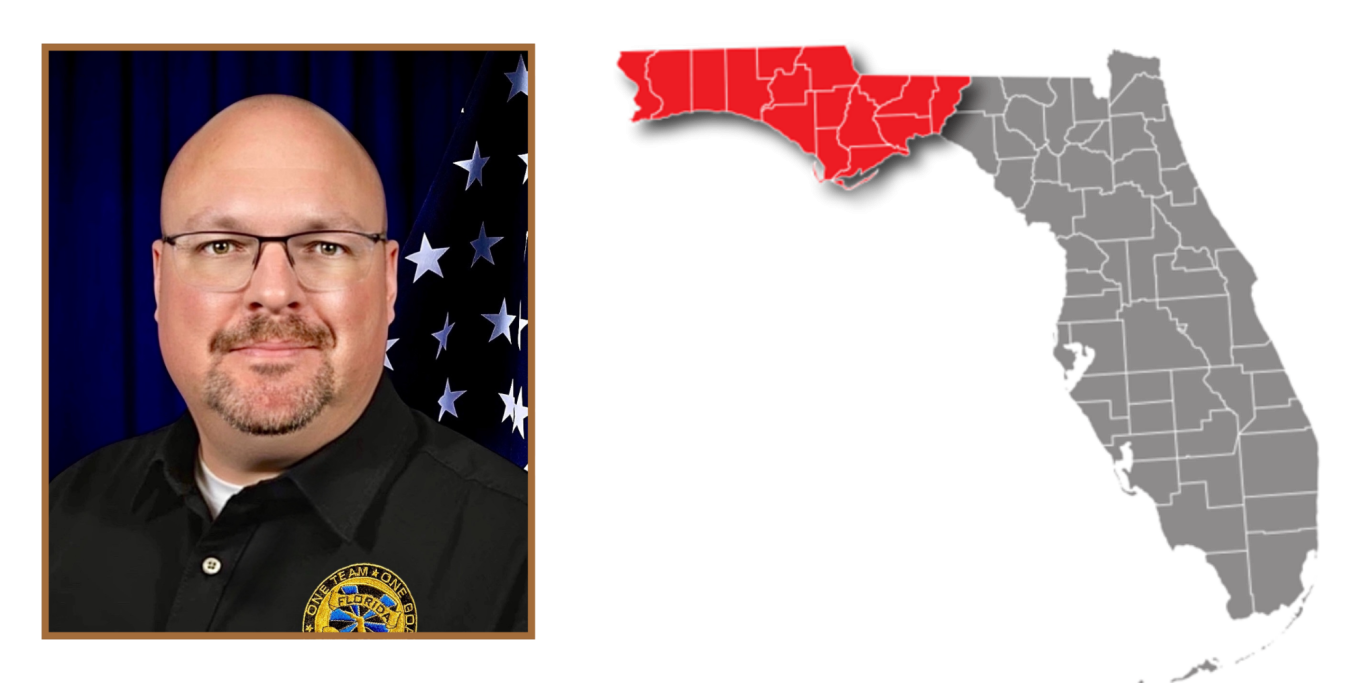 Headshot of a man wearing a black uniform with a Florida map highlighting specific areas.